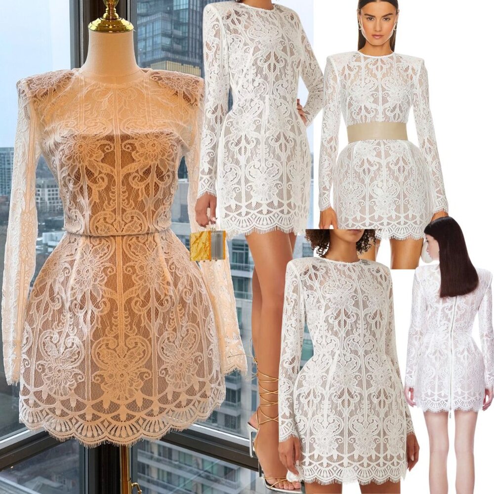 🆕 BRONX & BANCO 🧿 NWOT Casey White Lace Long Sleeve Mini Dress, Sz  XS / US 2